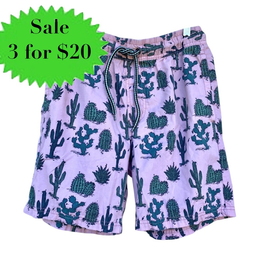 Retrofit Cactus print Drawstring Shorts mens pockets pink green S trunks teen